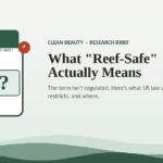 Illustration of a sunscreen bottle labeled with a question mark, representing the unregulated "reef-safe" claim on sunscreen packaging